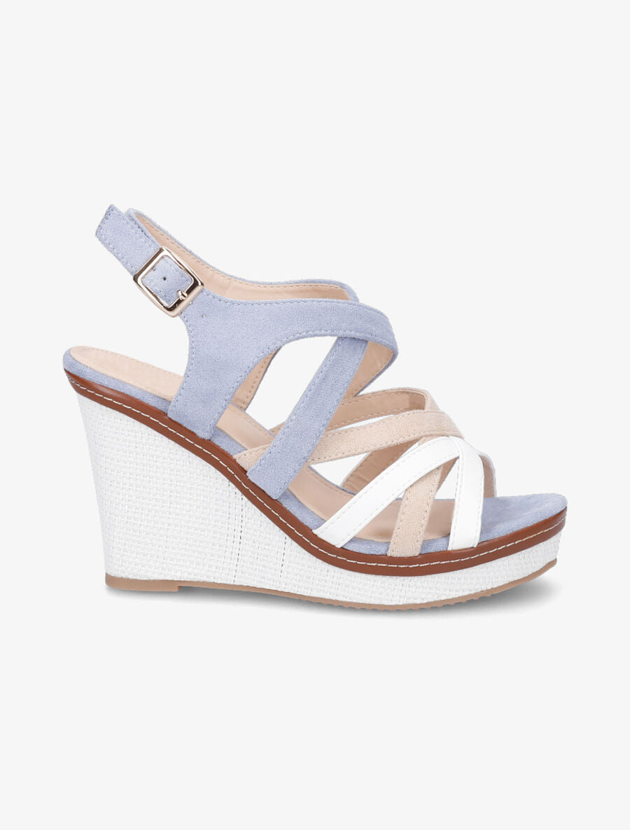 Sandales compensées en suédine et simili - Bleu ciel - 5