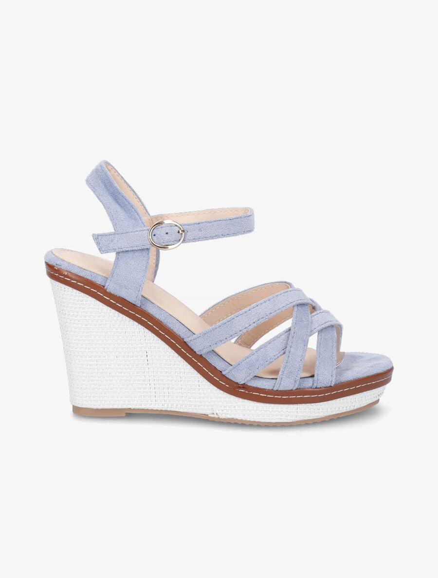 Sandales compensées brides entrelacées en suédine - Bleu ciel - 5