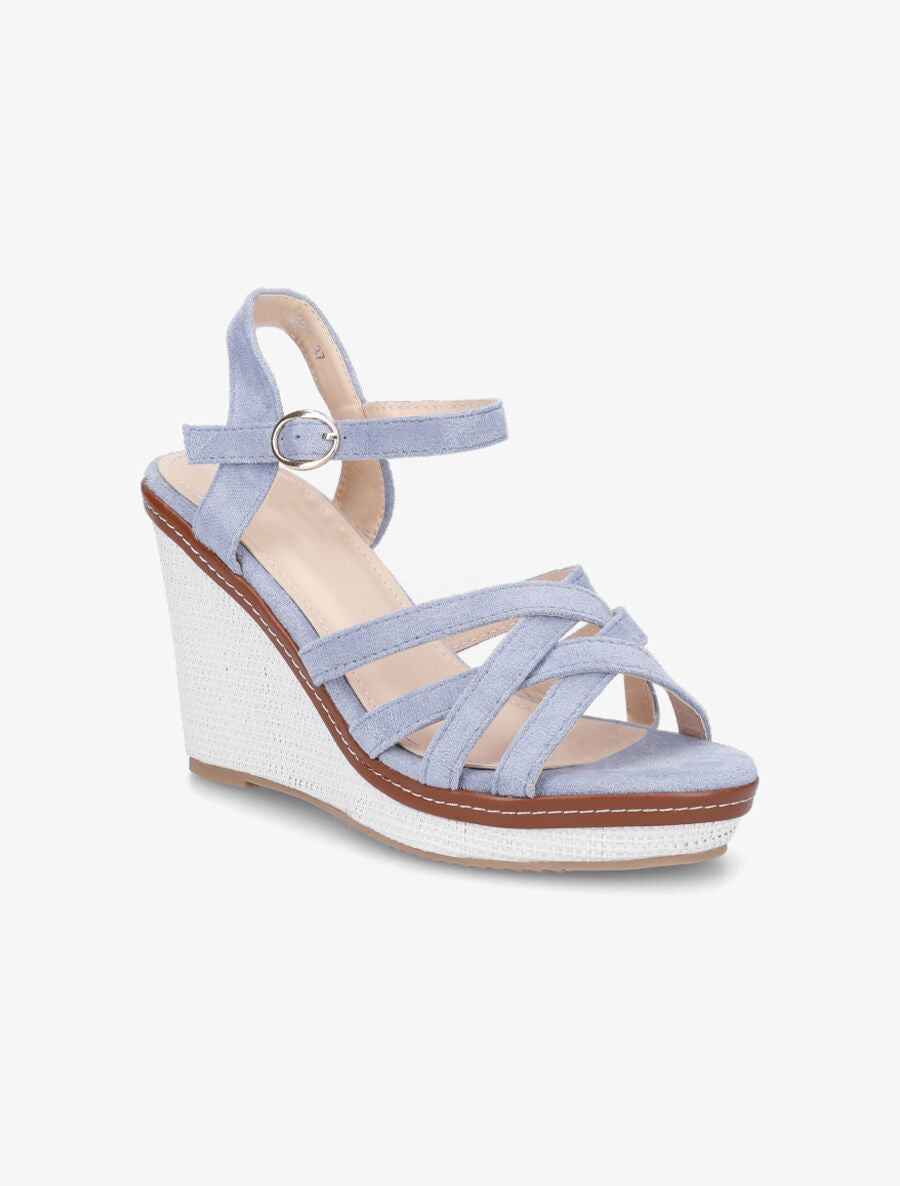 Sandales compensées brides entrelacées en suédine - Bleu ciel - 2
