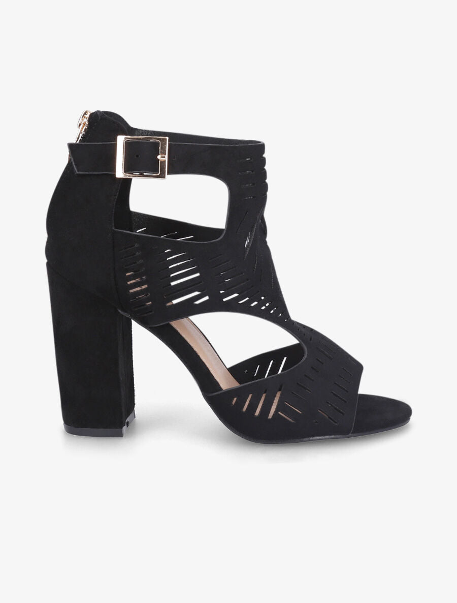 Sandales ajourées à talon haut en suédine - Noir - 1