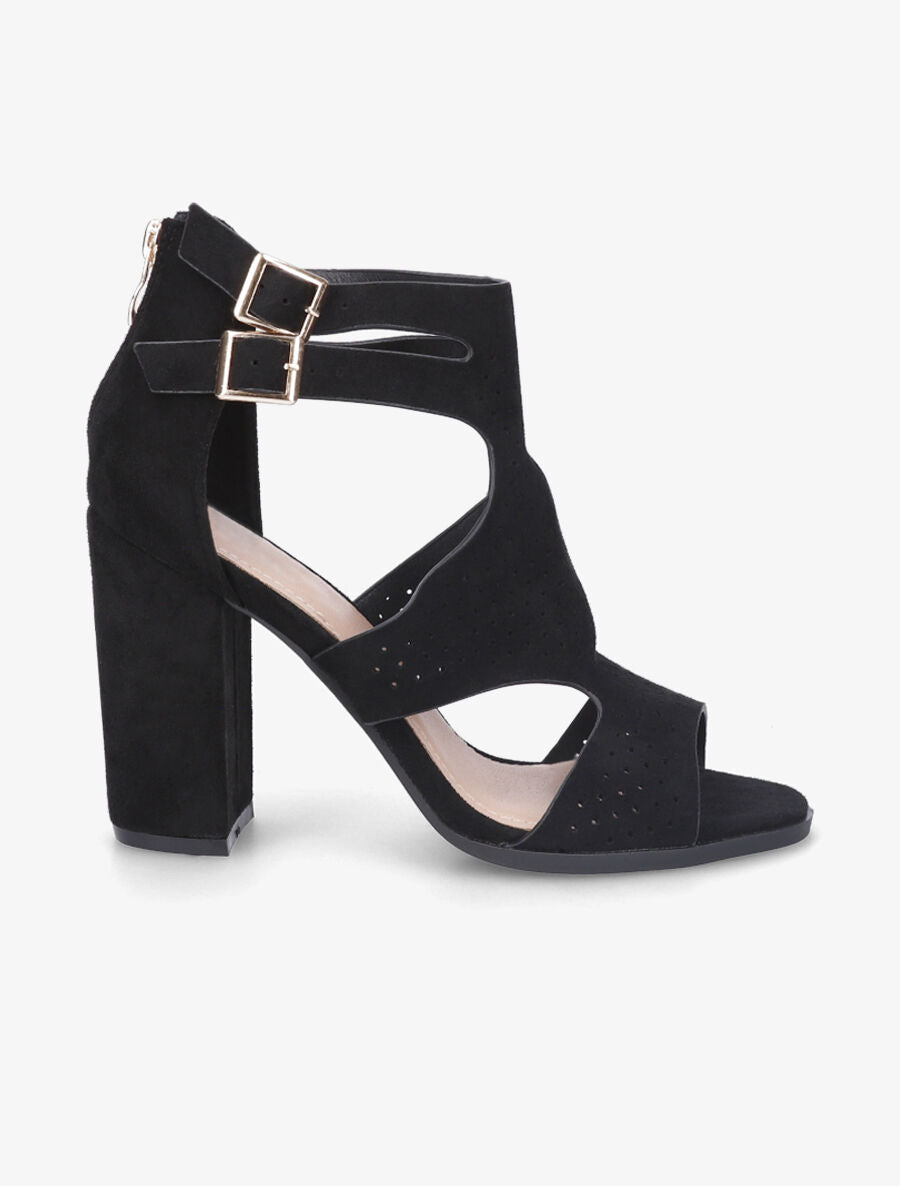 Sandales à talon haut en suédine perforée - Noir - 1