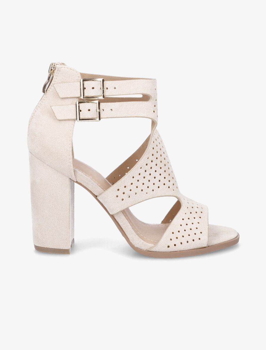 Sandales à talon haut en suédine perforée - Beige - 1