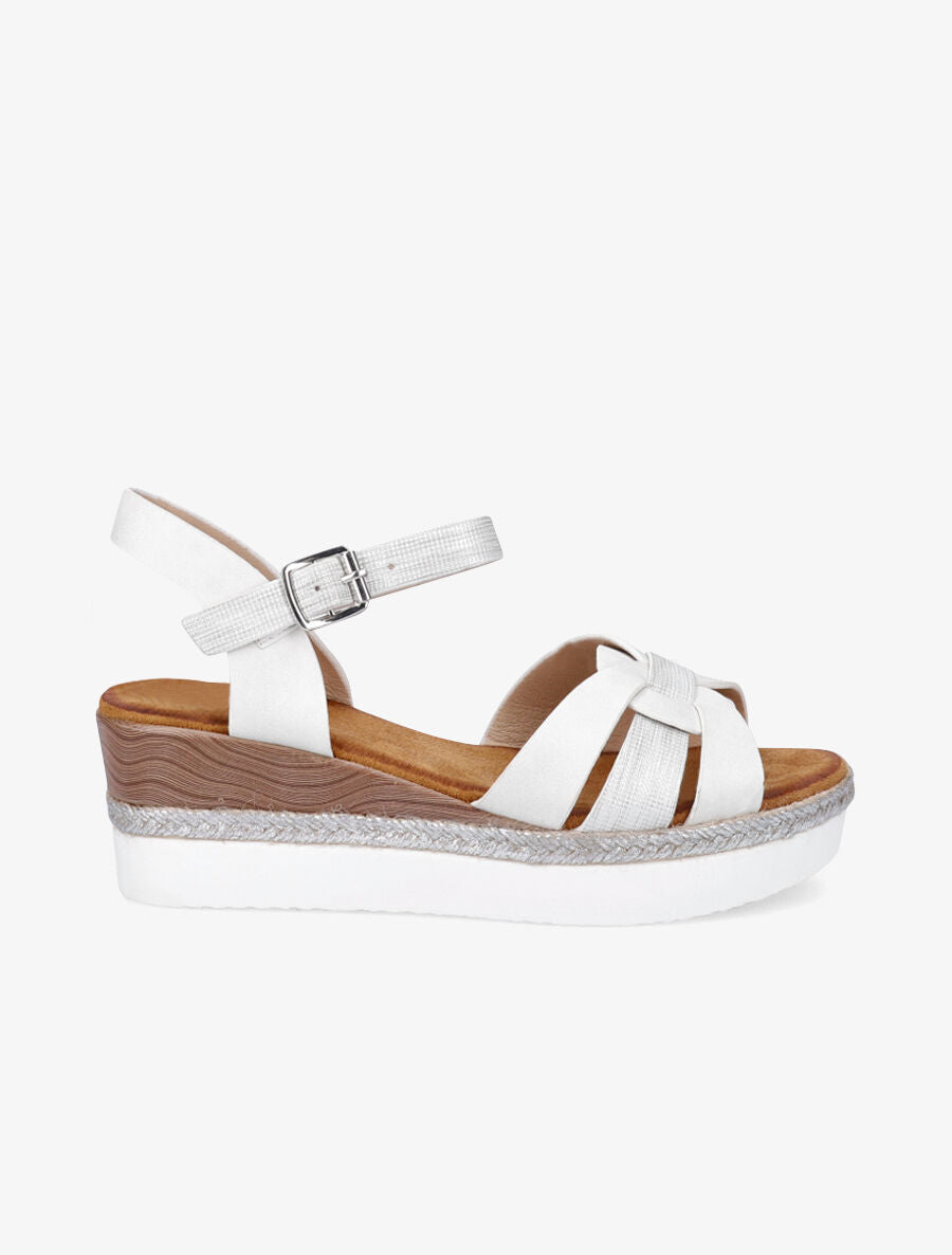 Sandales en simili talon compensé tressé - Blanc - 1
