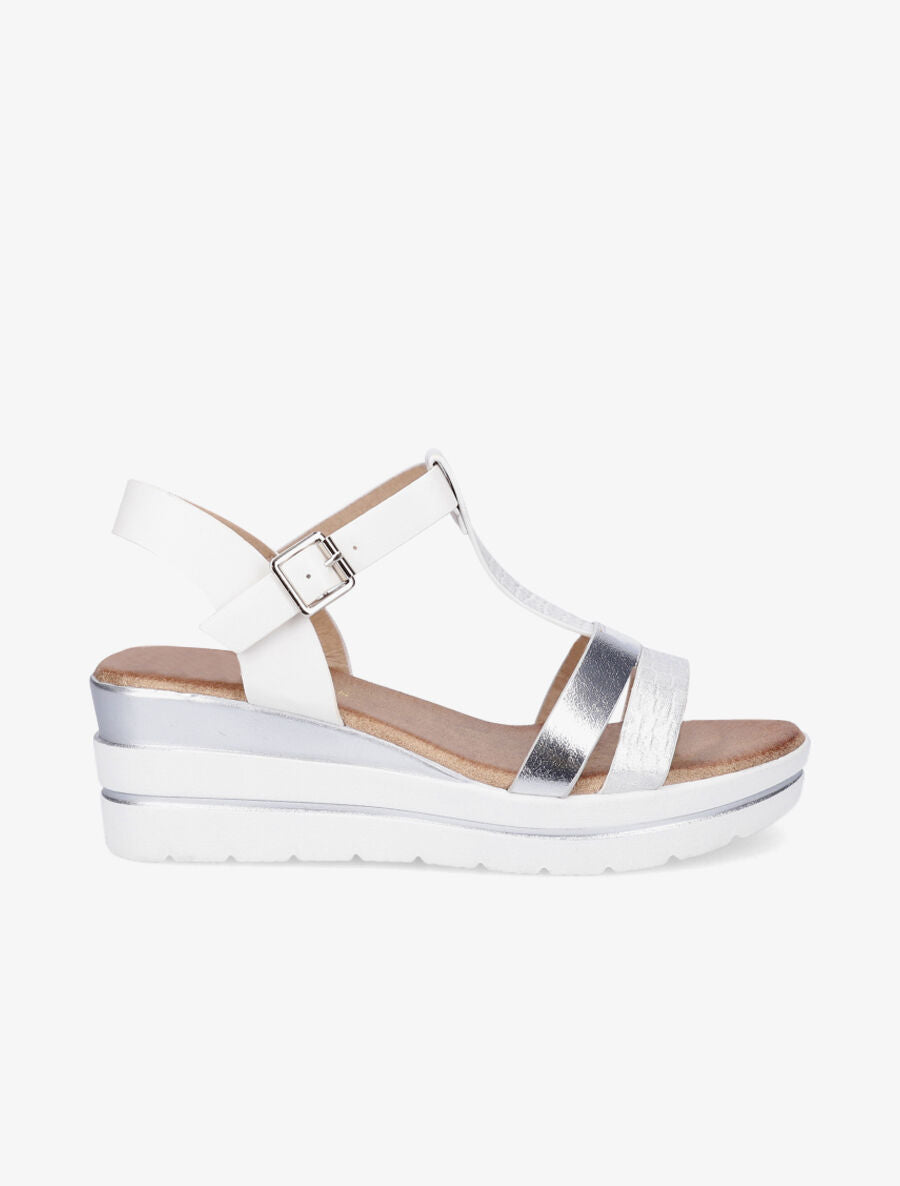 Sandales compensées bride en T croco - Blanc - 5