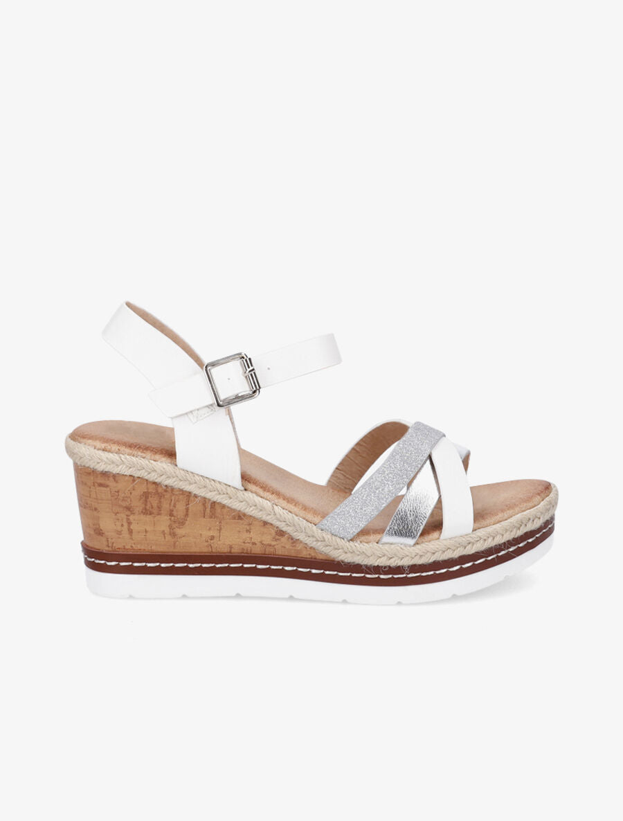 Sandales compensées effet liège et brides irisées - Blanc - 1