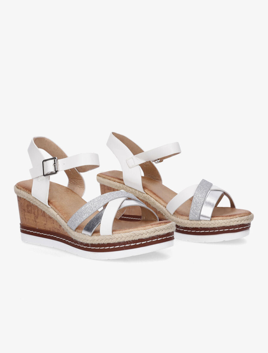 Sandales compensées effet liège et brides irisées - Blanc - 4