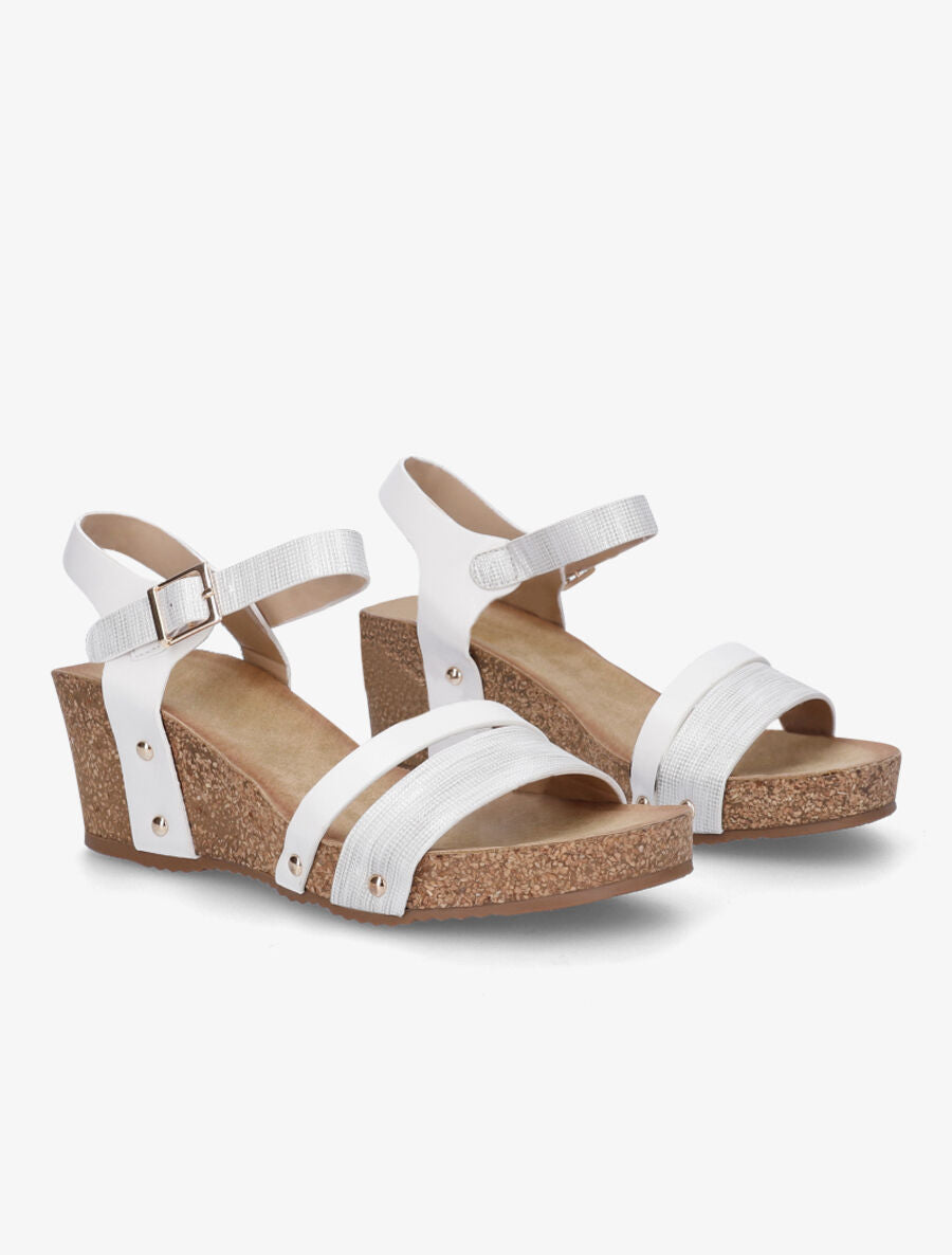 Sandales compensées effet liège et ganses irisées - Blanc - 4