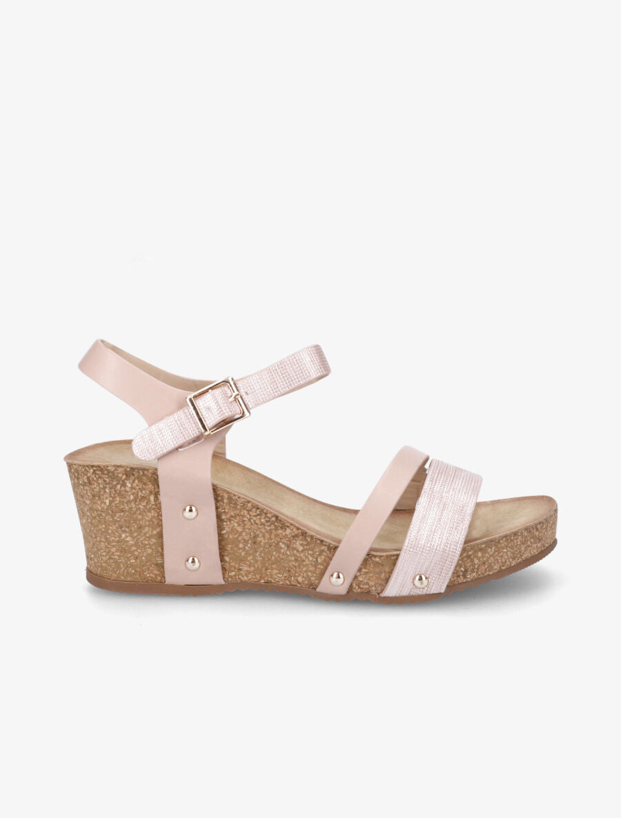 Sandales compensées effet liège et ganses irisées - Rose - 1