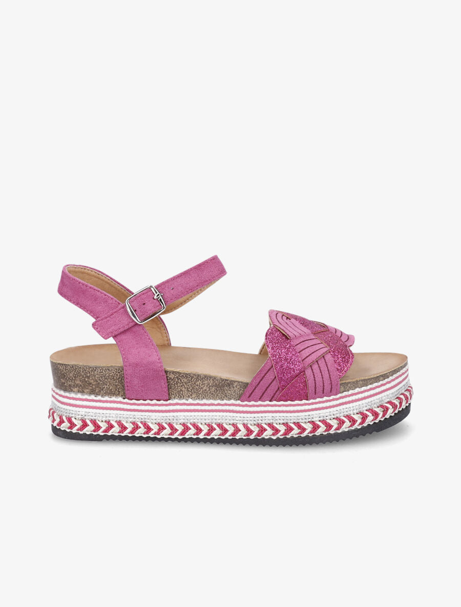 Sandales compensées tressées à paillettes - Fuschia - 1