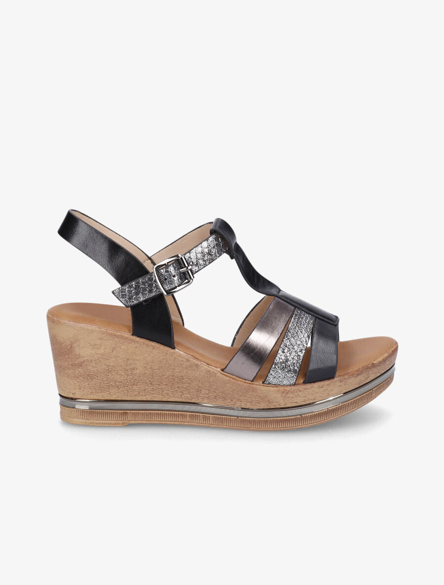 Sandales compensées effet bois et empiècement métallique - Noir - 5
