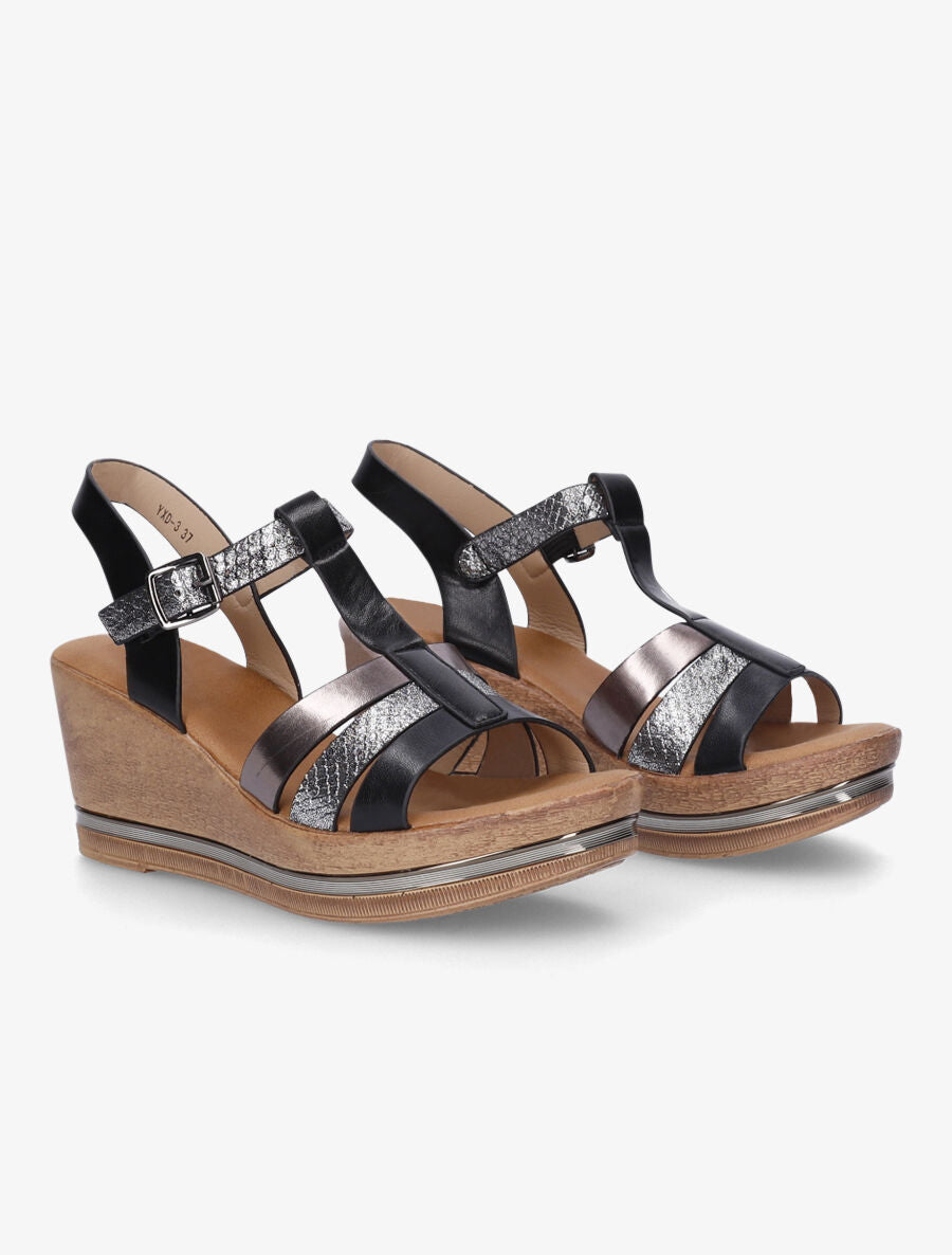 Sandales compensées effet bois et empiècement métallique - Noir - 4