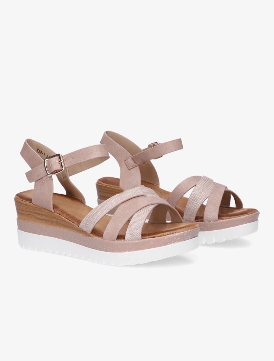 Sandales compensées pailletées et croisées - Rose - 4