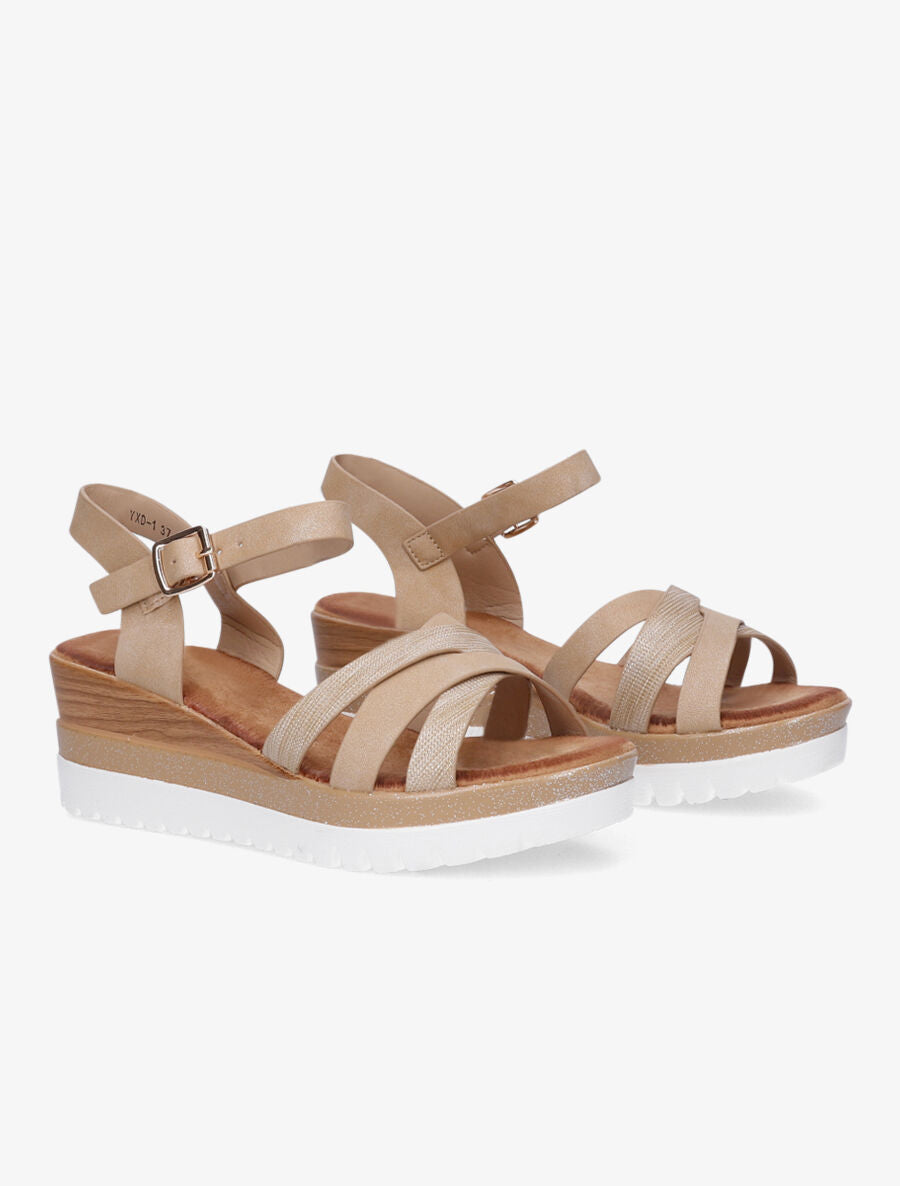 Sandales compensées pailletées et croisées - Beige - 4