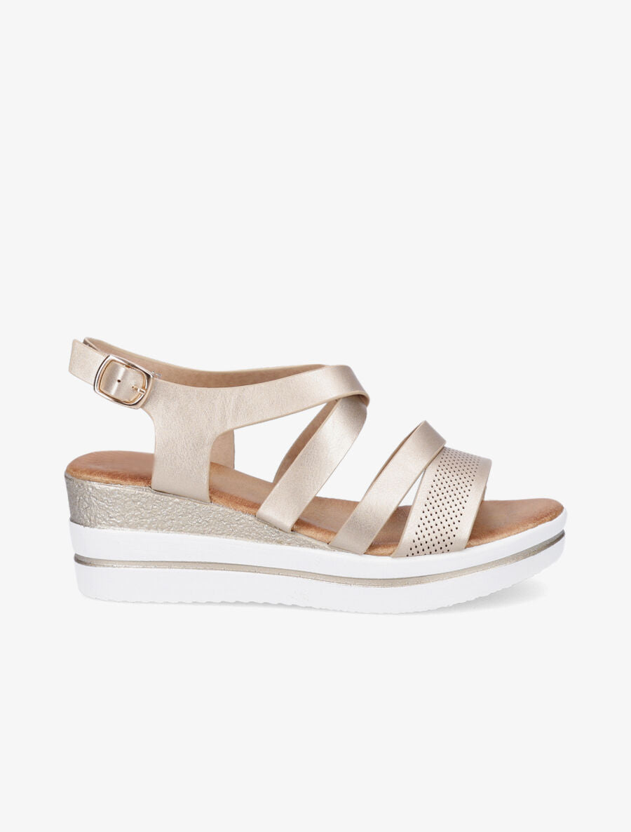 Sandales à talon compensé à brides perforées - Or - 1