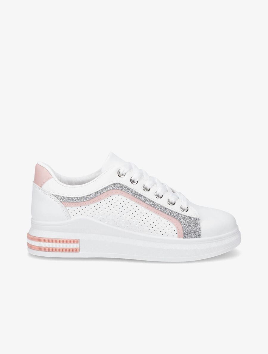 Sneakers en simili perforés à bandes pailletées - Rose - 1