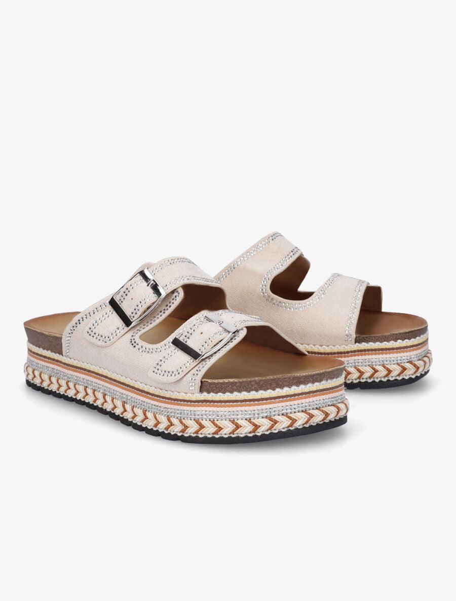 Claquettes à plateforme et strass en suédine - Beige - 4