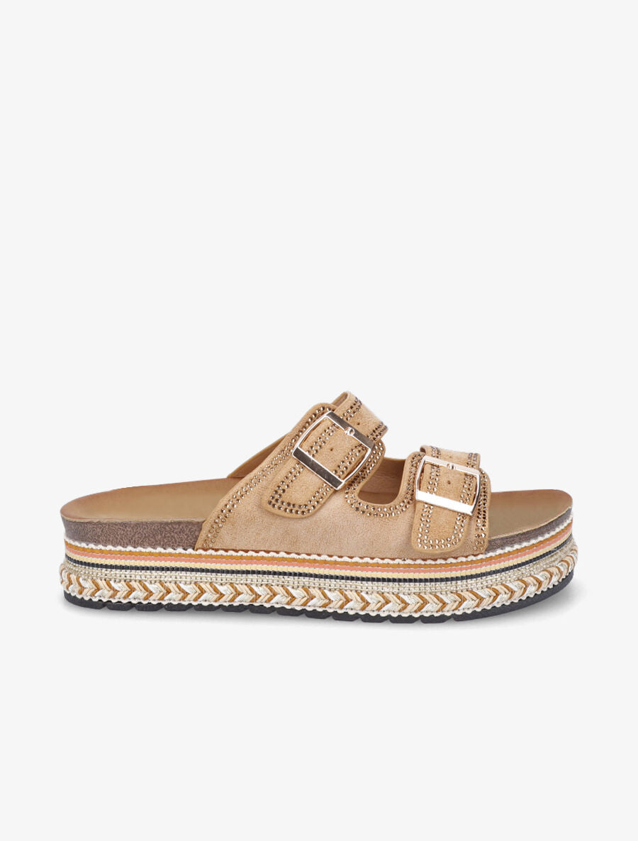 Claquettes à plateforme et strass en suédine - Camel - 1
