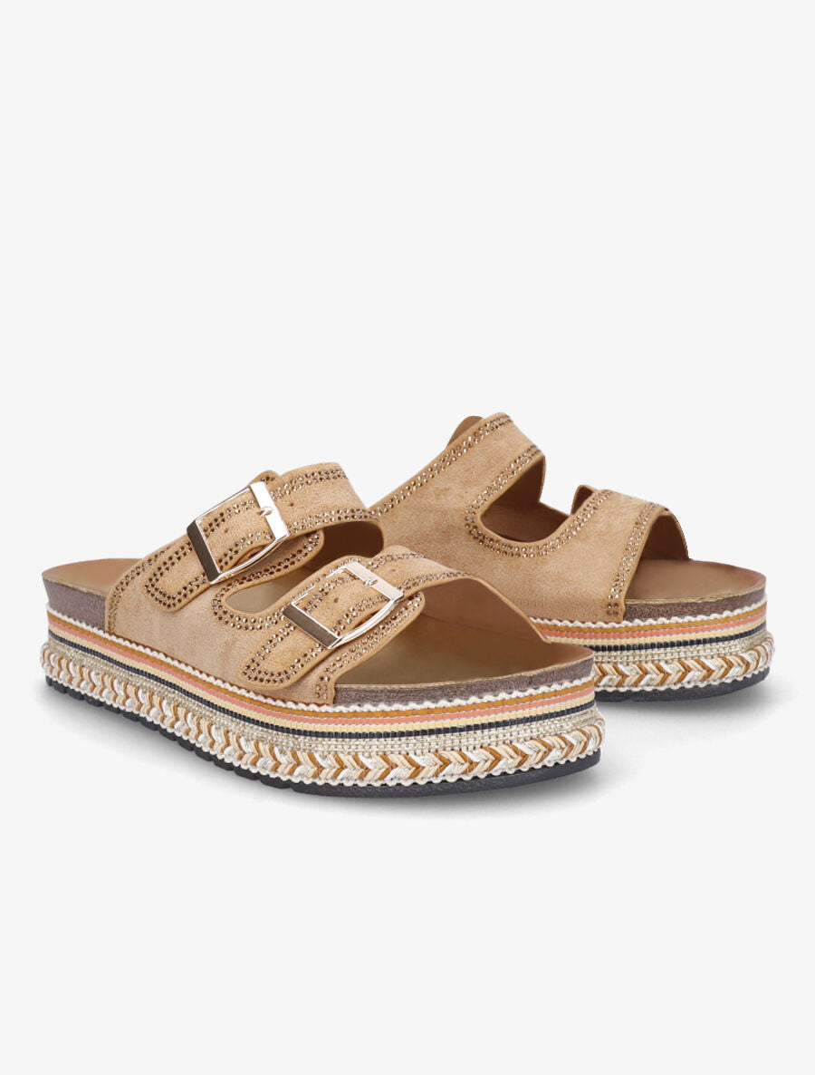Claquettes à plateforme et strass en suédine - Camel - 4