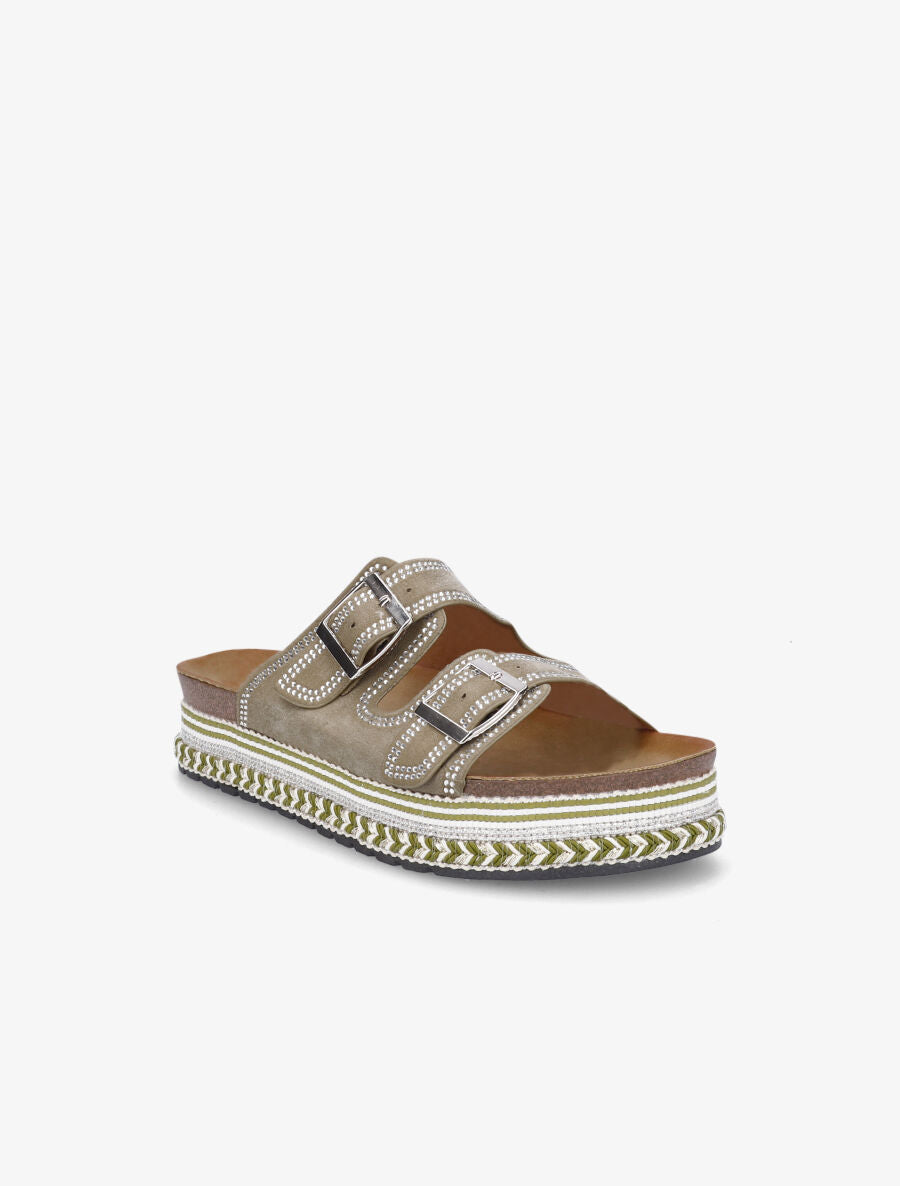 Claquettes à plateforme et strass en suédine - Kaki - 2
