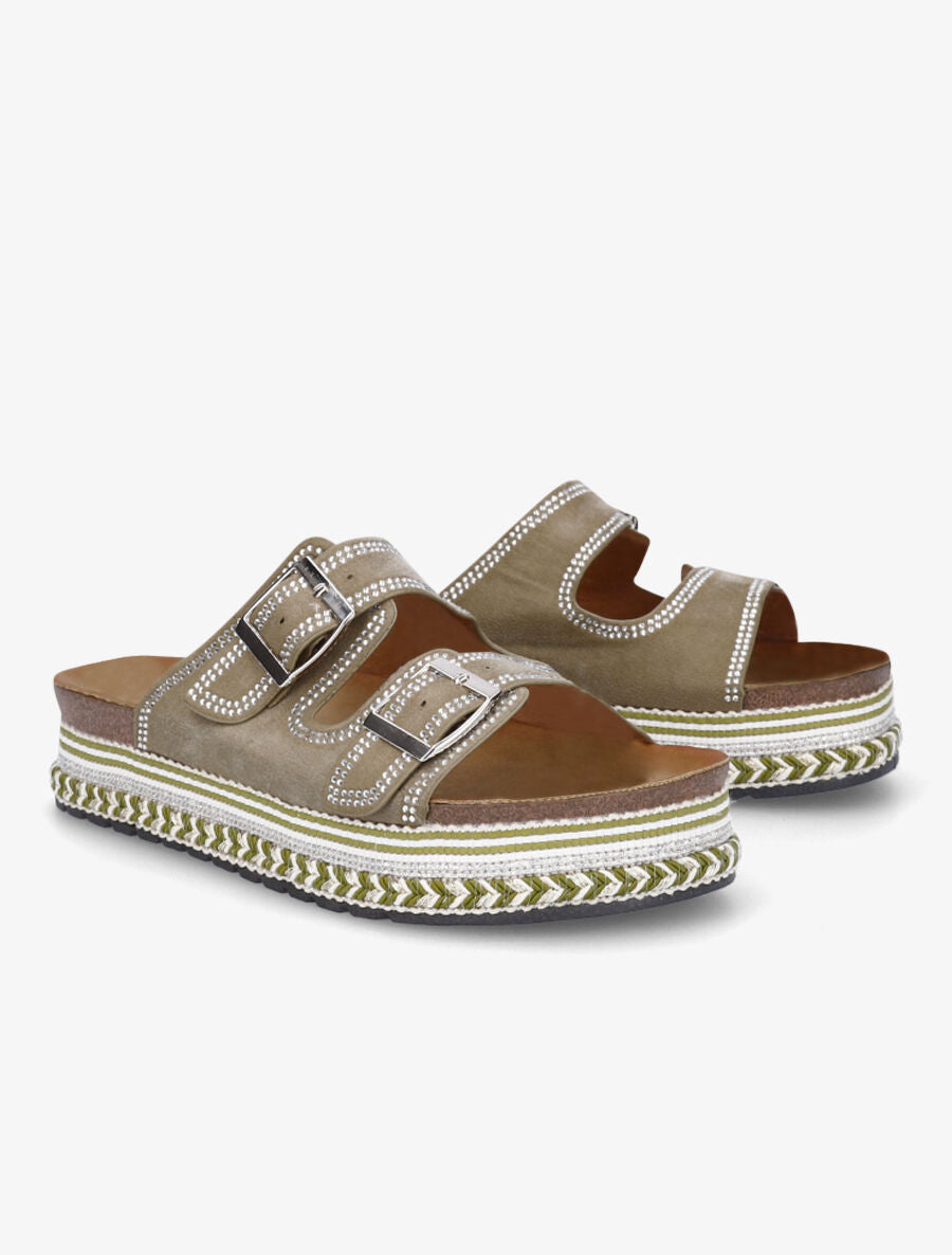 Claquettes à plateforme et strass en suédine - Kaki - 4