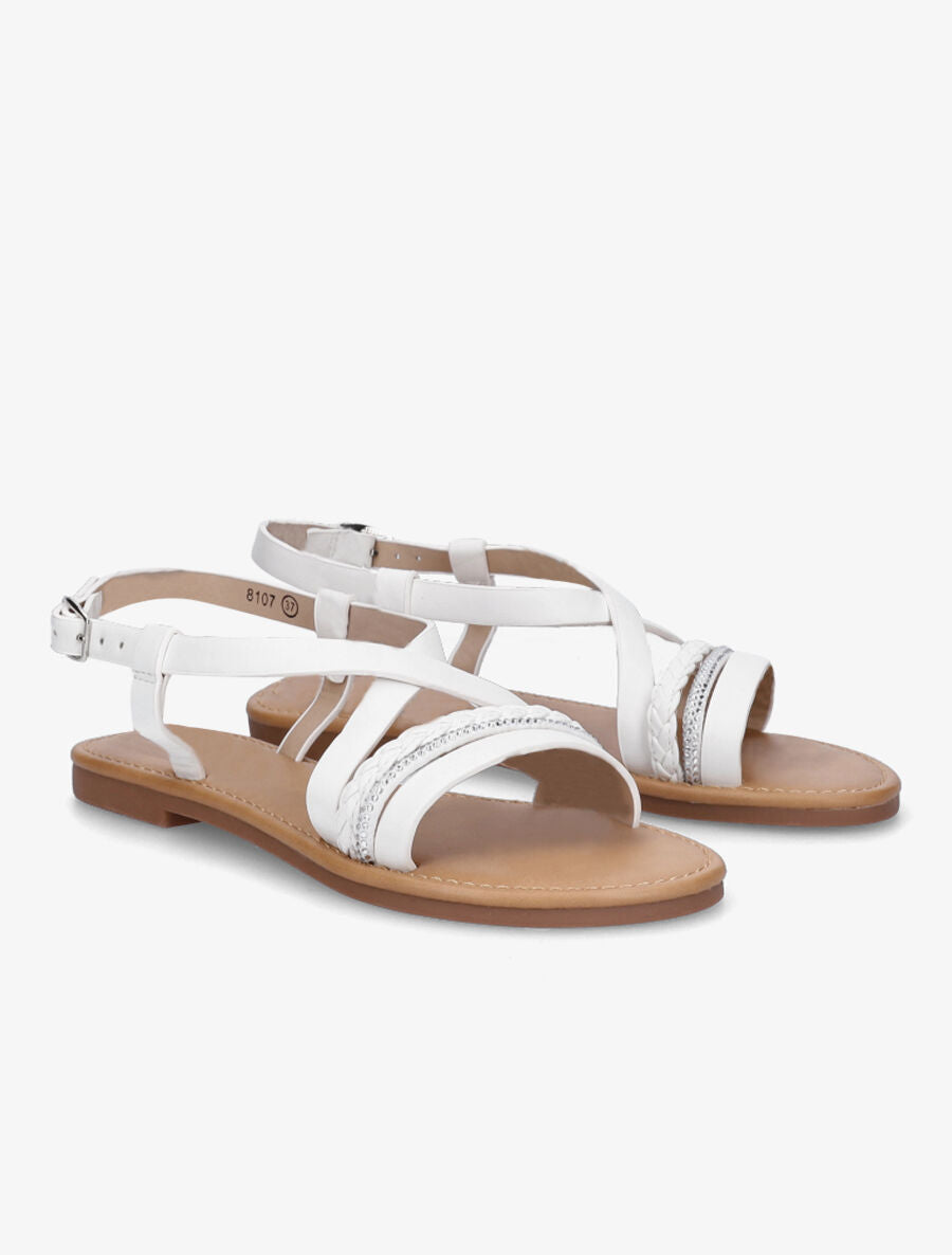 Nu-pieds en simili à bride tressée et strass - Blanc - 4