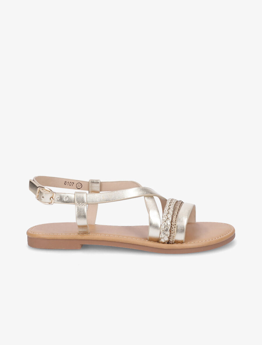 Nu-pieds en simili à bride tressée et strass - Or - 1