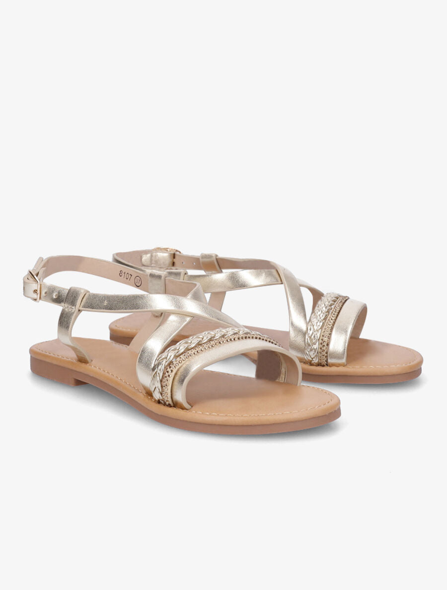 Nu-pieds en simili à bride tressée et strass - Or - 4