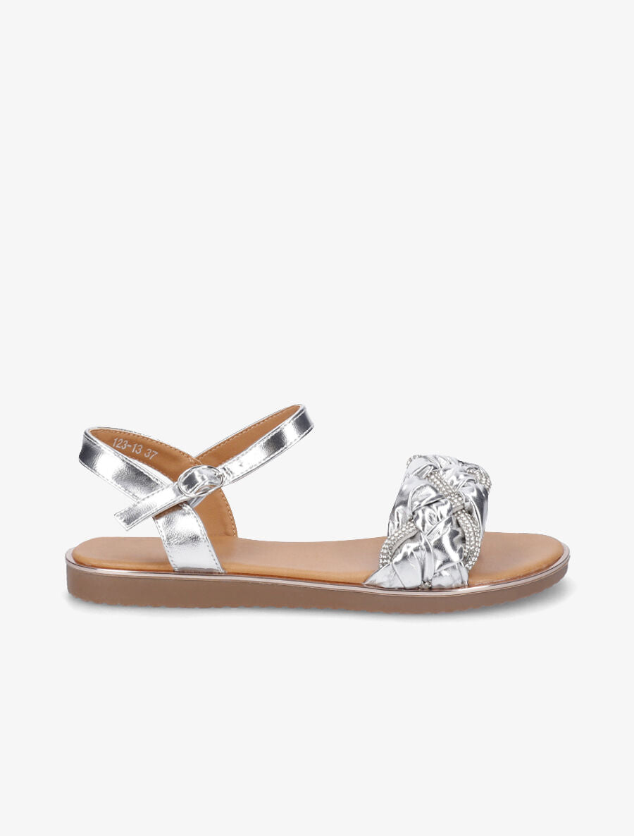 Nu-pieds en simili à bride tressée ornée de strass - Argent - 1