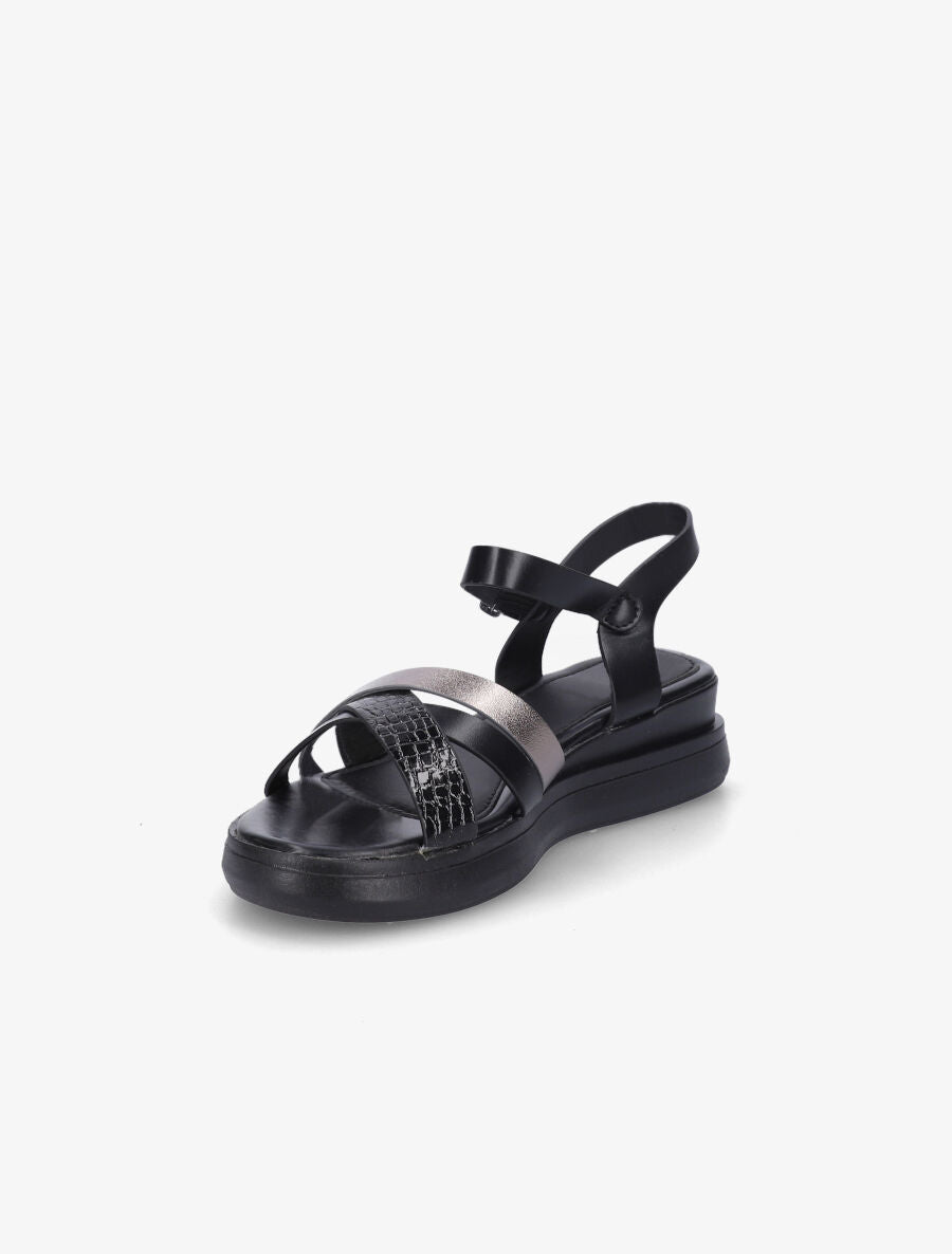 Sandales croisées bi-matière à talon compensé - Noir - 3