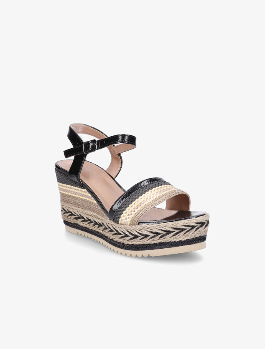 Sandales compensées à semelle effet osier et raphia - Noir - 2