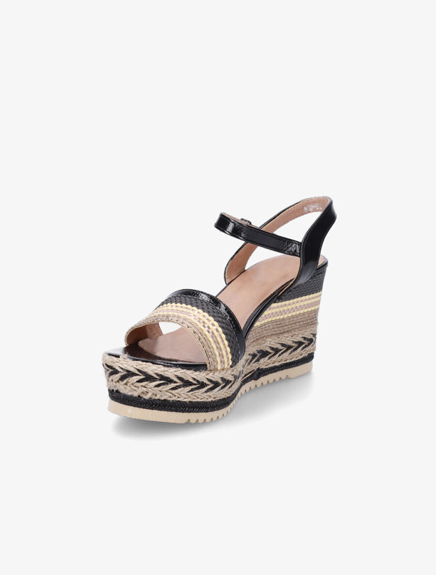 Sandales compensées à semelle effet osier et raphia - Noir - 3