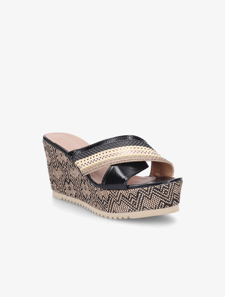 Mules compensées à ganses croisées effet osier - Noir - 2