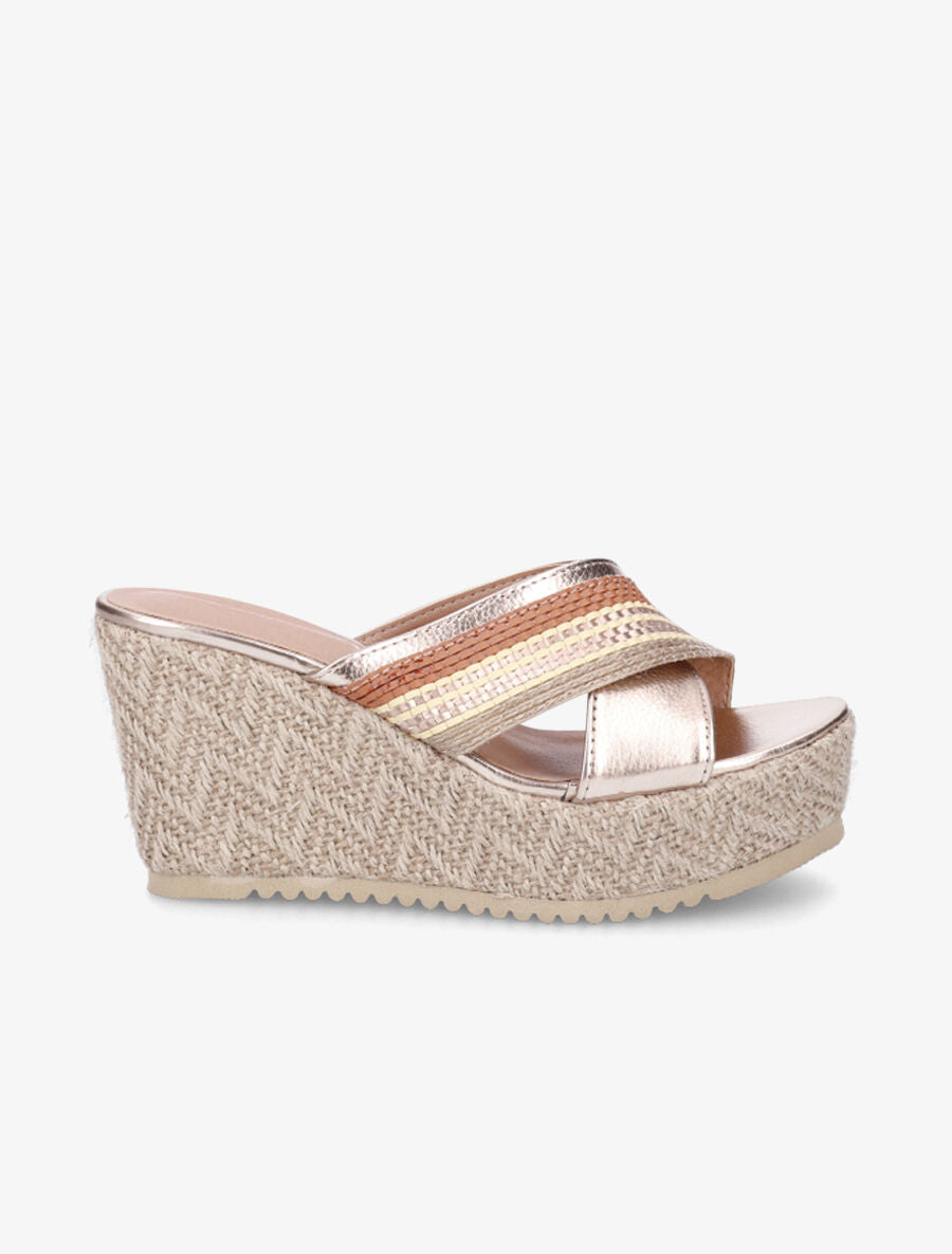 Mules compensées à ganses croisées effet osier - Rose gold - 1