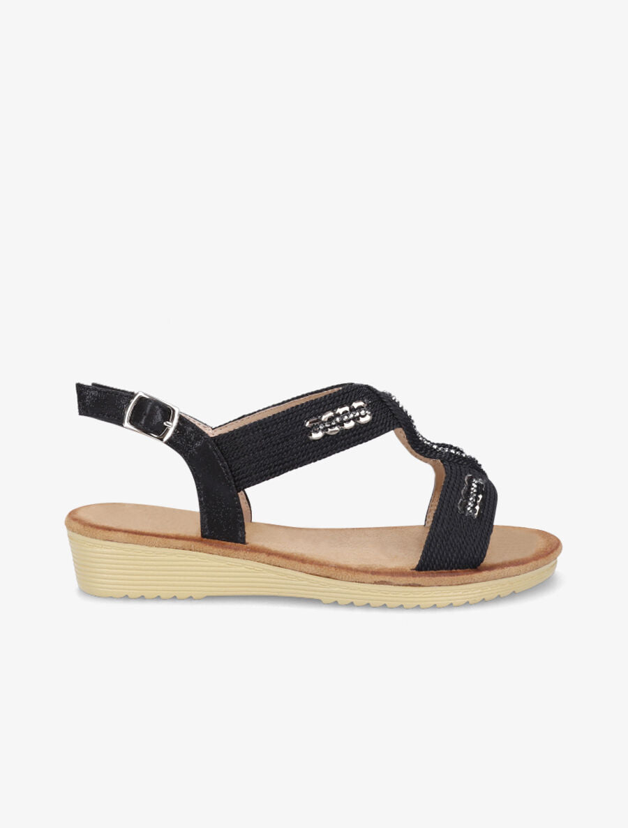 Sandales compensées effet tissé et strass - Noir - 1