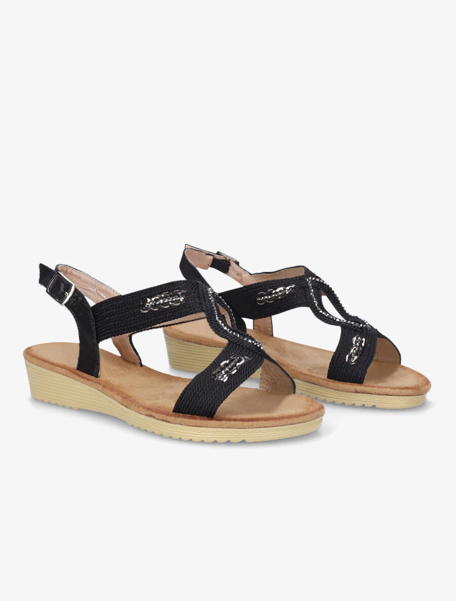 Sandales compensées effet tissé et strass - Noir - 4