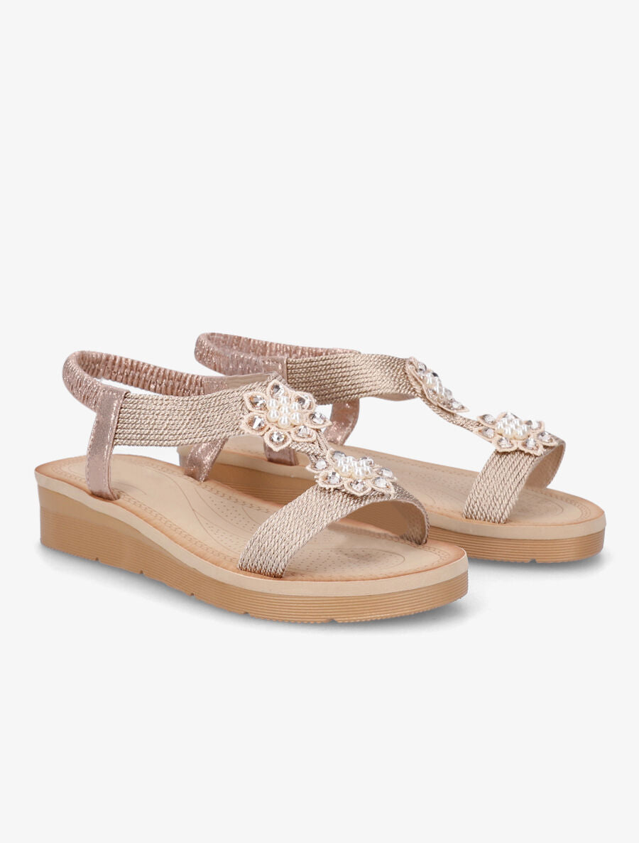 Nu-pieds à motif fleurs ornés de strass et perles - Rose gold - 4