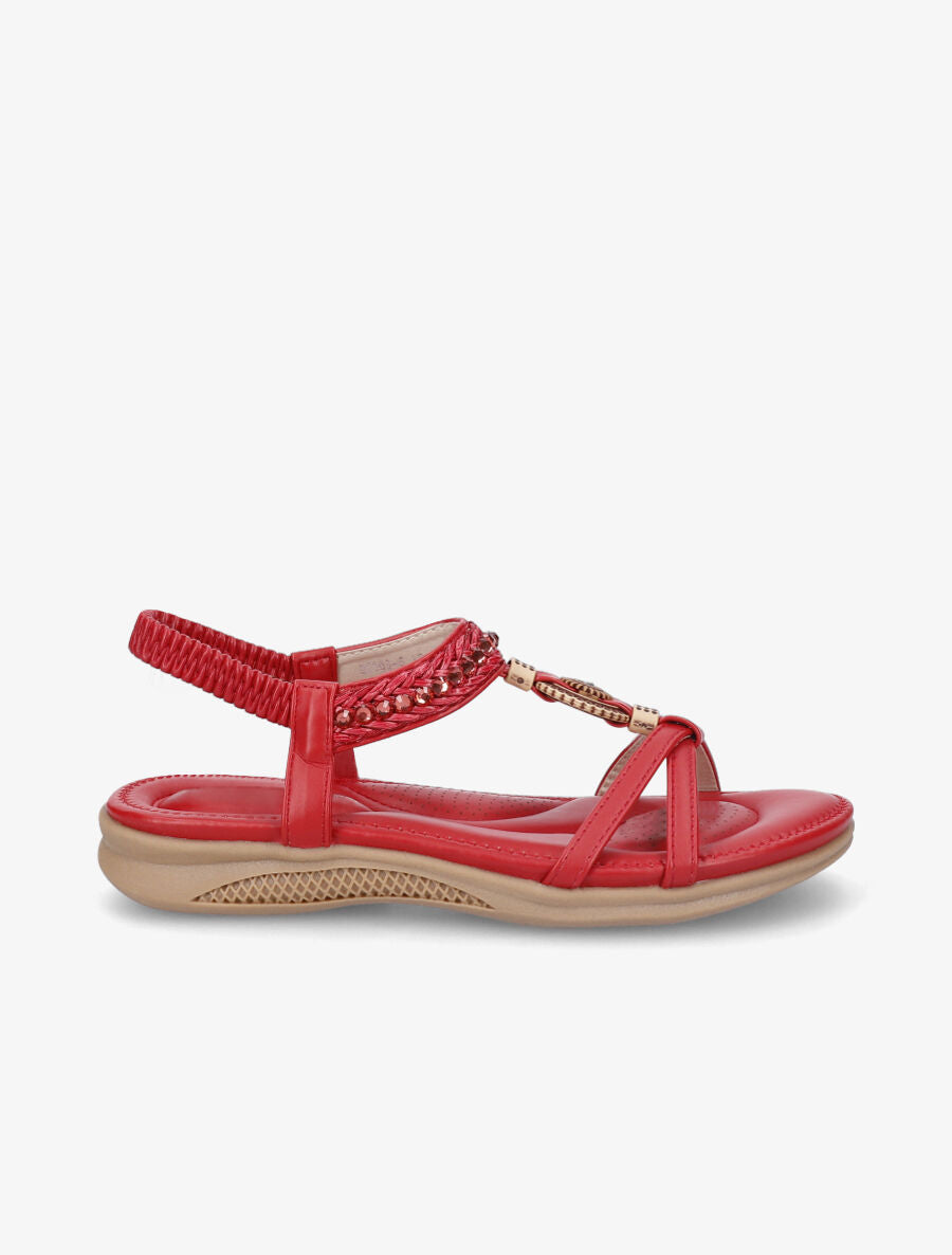 Nu-pieds à empiècement effet bois et strass - Rouge - 5