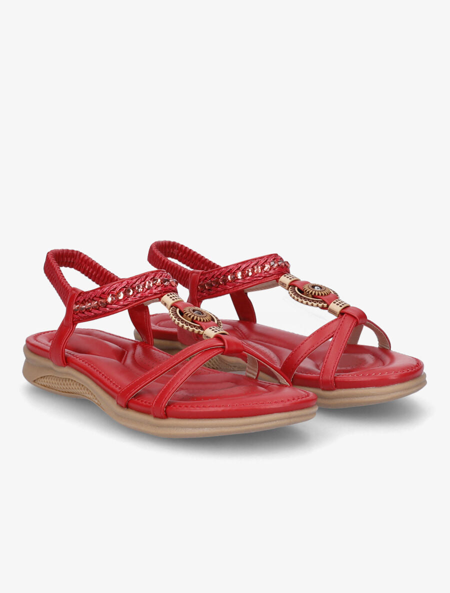 Nu-pieds à empiècement effet bois et strass - Rouge - 4