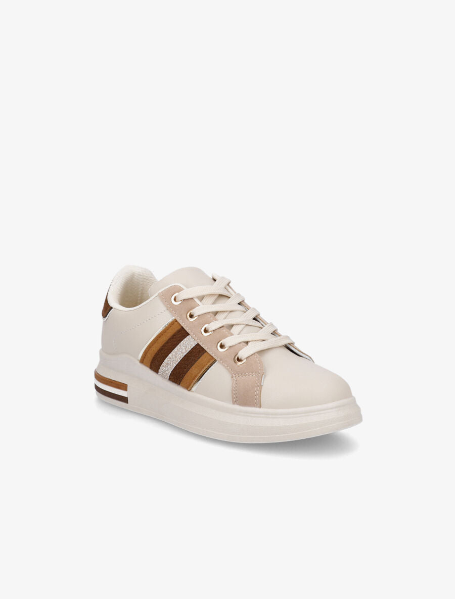 Sneakers en simili et suédine à bandes irisées - Beige - 2