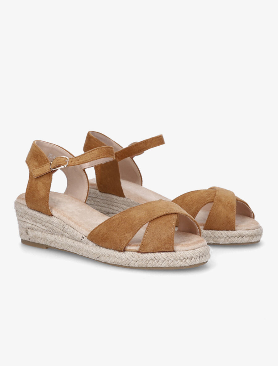 Sandales compensées style espadrille en suédine - Camel - 4