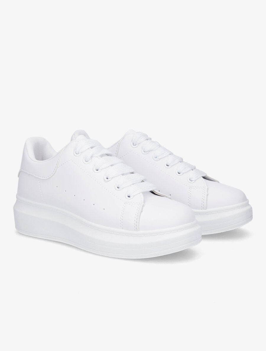Sneakers classiques en simili et lacets larges - Blanc - 4