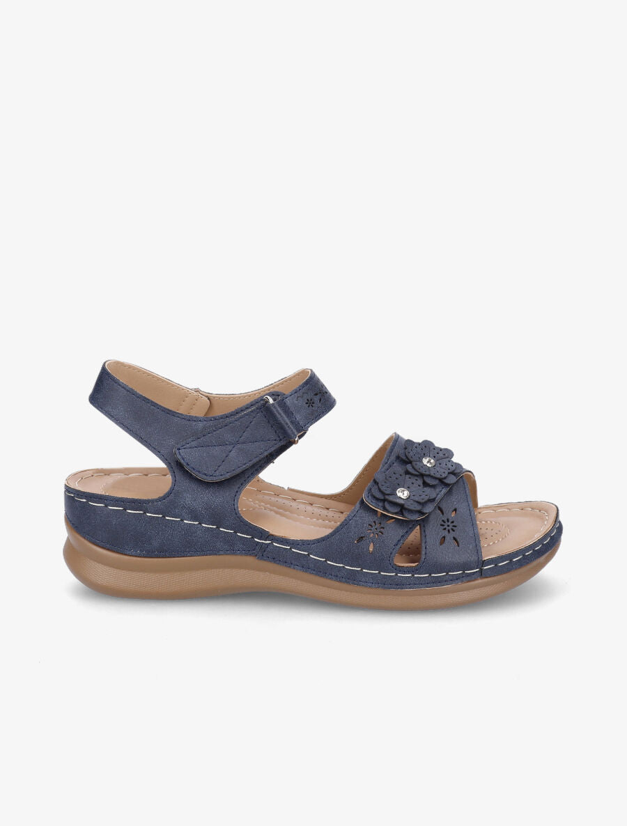 Sandales compensées à scratch et strass - Marine - 1