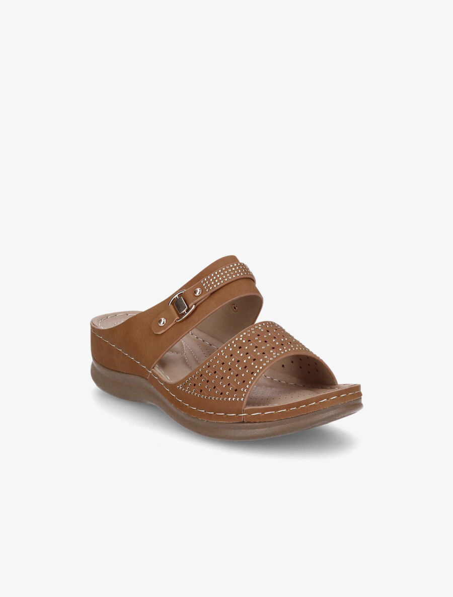 Claquettes compensées ajourées et strass - Camel - 2