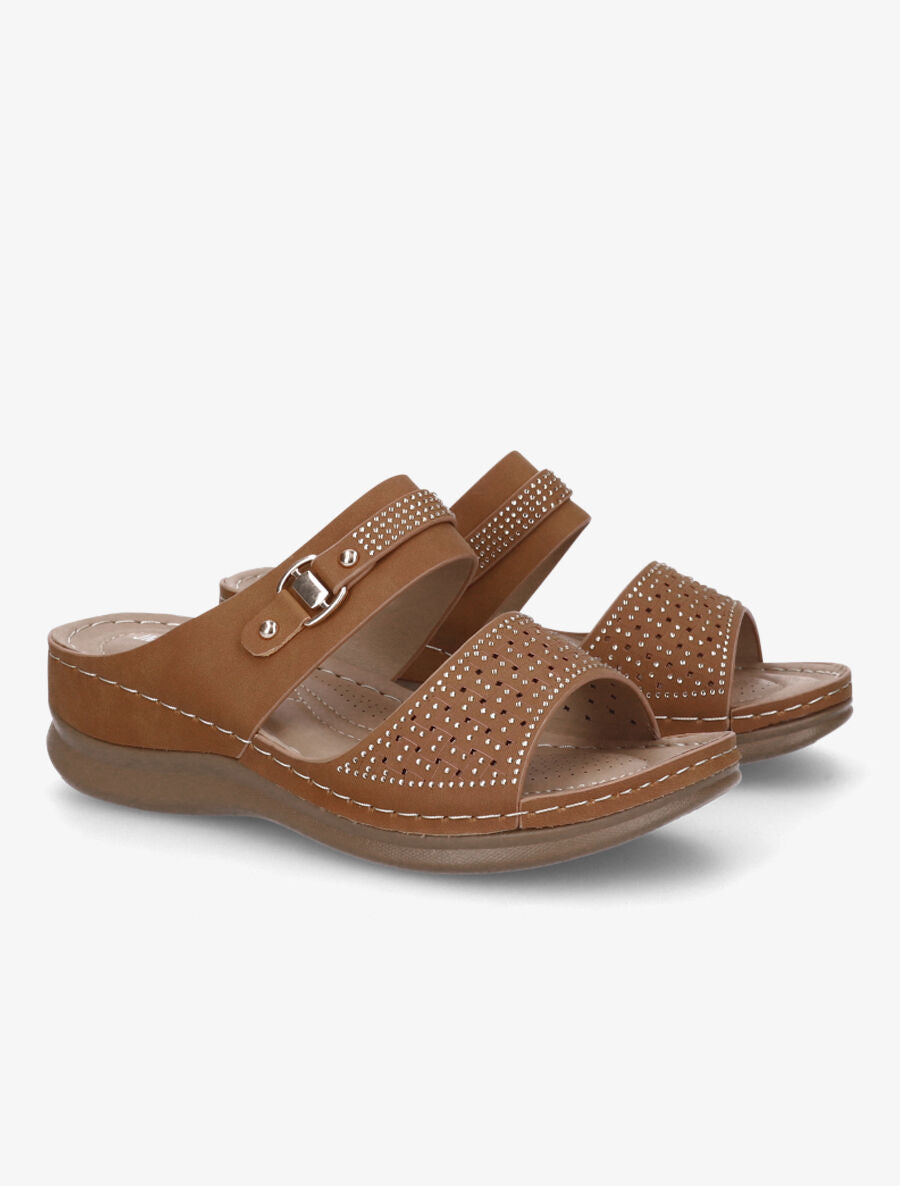 Claquettes compensées ajourées et strass - Camel - 4