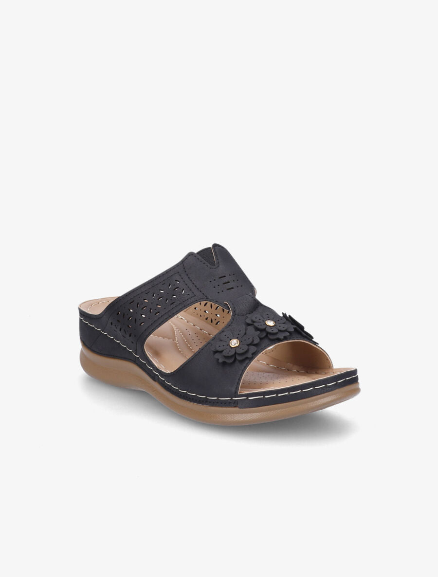 Mules compensées à fleurs - Noir - 2