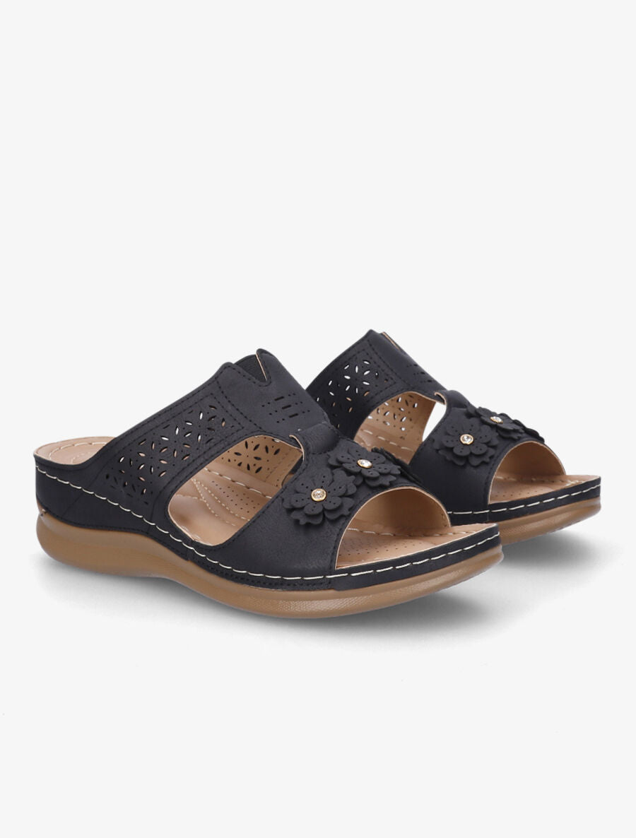 Mules compensées à fleurs - Noir - 4