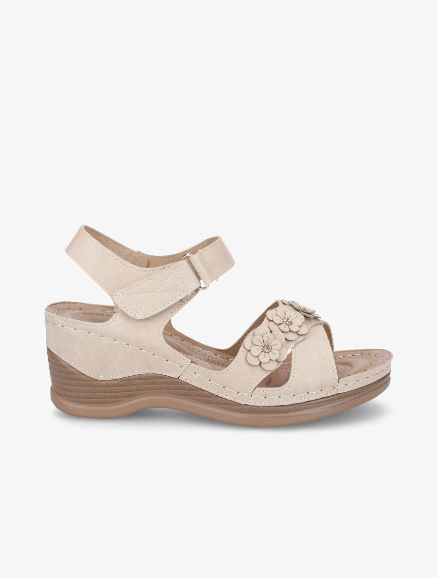 Sandales compensées à fleurs et strass - Beige - 1