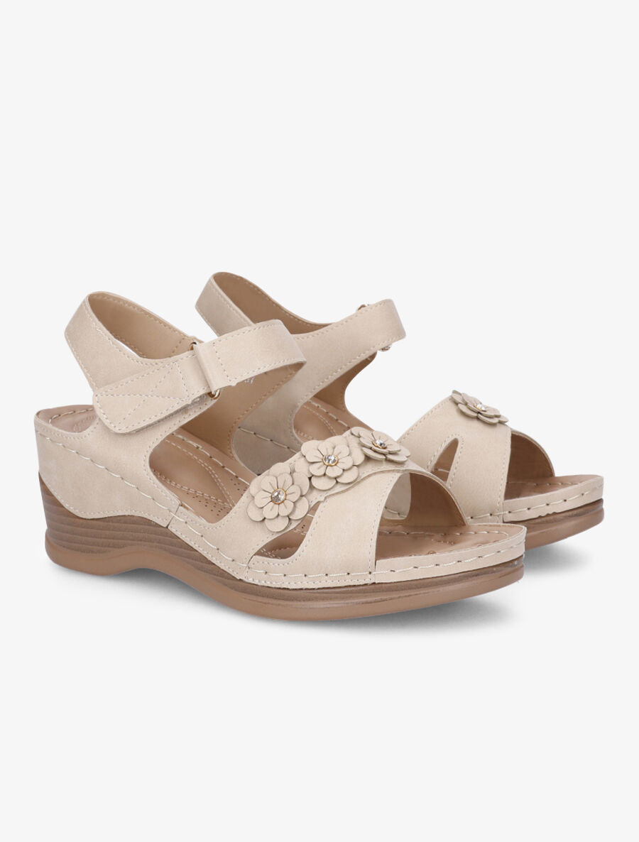 Sandales compensées à fleurs et strass - Beige - 4
