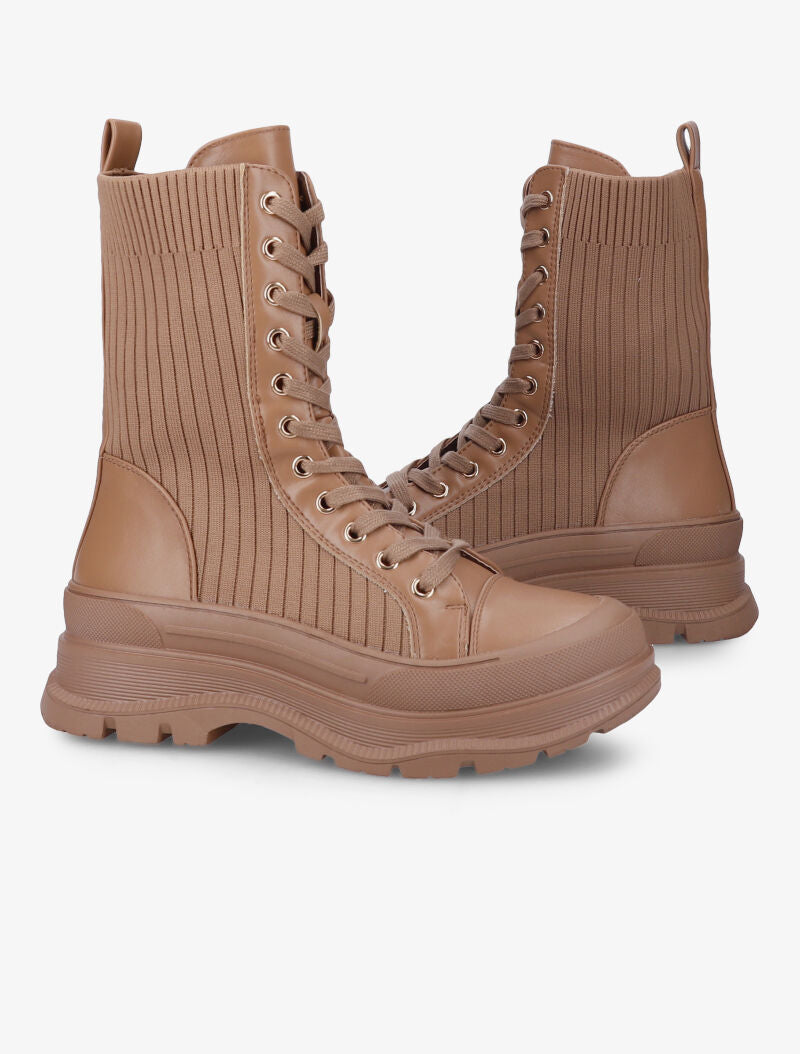 Boots lacées style chaussette - Camel - 1