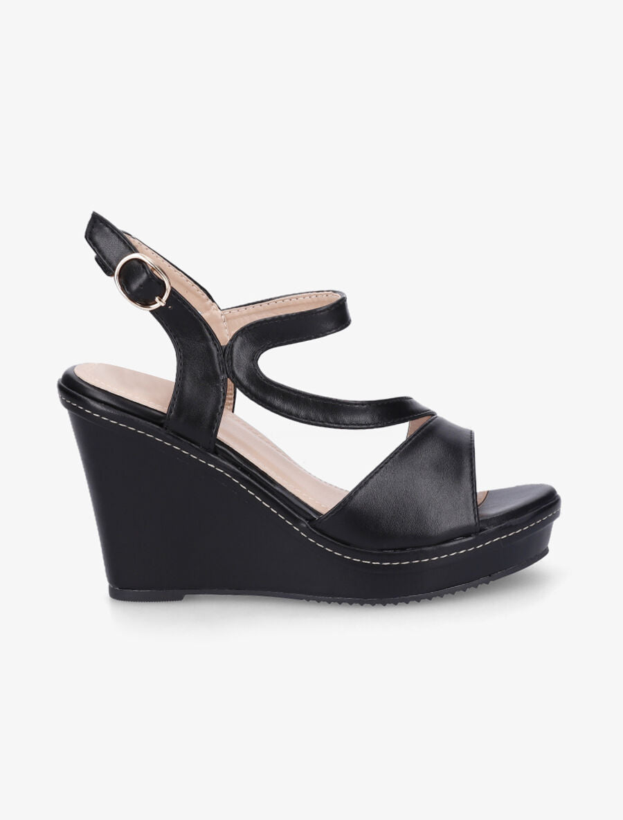 Sandales compensées en simili à bride stylisée - Noir - 1